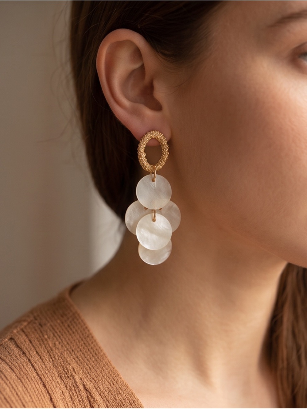 Gold and Pearl Disc Drop Earrings